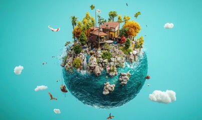 Coastal village globe, travel, vacation, paradise, tourism, idyllic scene, summer, escape