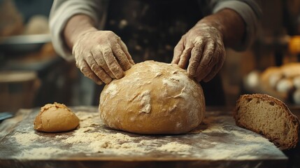 Freshly Baked Bread A Bakers Hands Shaping a Loaf with Flour Dusting Ideal for Culinary and