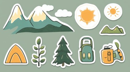 Hand-drawn nature icons featuring mountains, sun, trees, and camping gear in soft colors for outdoor enthusiasts and nature lovers