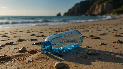 A single plastic bottle washed up on a pristine beach, symbolizing ocean pollution and human impact. Minimal pollution and environmental protection concept. Copy space.