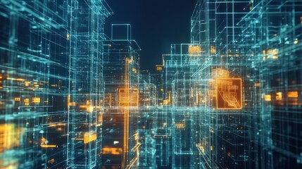 A high-tech futuristic construction site with holographic blueprints and digital models displayed on transparent screens