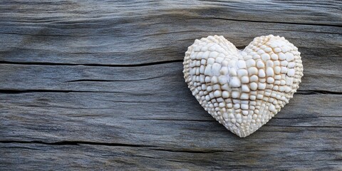 Fototapeta premium oceanic love, seashell heart on weathered wood, symbolizing ocean love, with soothing ocean colors in the backdrop