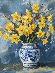 Bright daffodils in a vase against a colorful backdrop