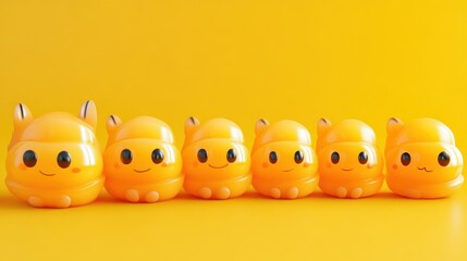 Adorable Orange Creatures in a Row on a Vibrant Yellow Background Cute Cartoon Characters Fun