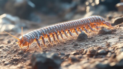 Fototapeta premium CloseUp of a Centipede Crawling on Soil with Detailed Texture and Lighting