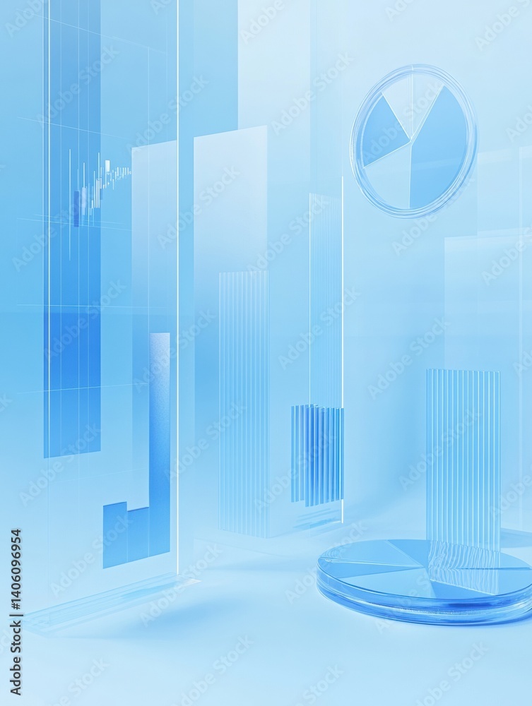 Fototapete floating transparent charts illustrating business data concepts on a light blue background