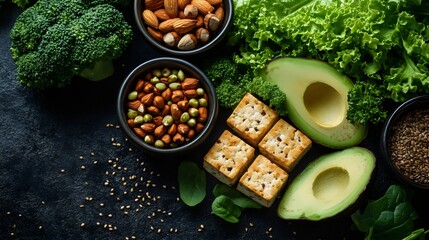 Vegan Food Selection Including Tofu, Avocado, Nuts and Seeds on a Background of Lettuce Greens