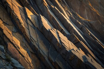 Layered Stone Majesty: A close-up shot showcases the dramatic texture and natural beauty of layered rock formations, bathed in warm sunlight.