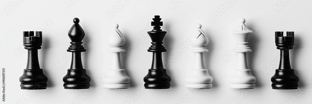 Poster top-down view of black and white chess pieces arranged neatly on a white board during a strategic ga