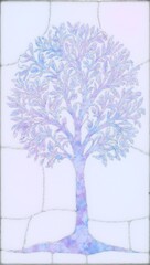 An elegant stained glass tree with shimmering lavender and pastel blue branches on a soft gradient background