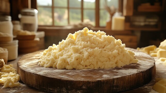 Freshly Made Cheese Curds on a Rustic Wooden Board Perfect for Culinary and Farmhouse Photogra