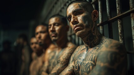 Defiant serious Group of hispanic tattooed gang member inmates posing in jail looking at camera