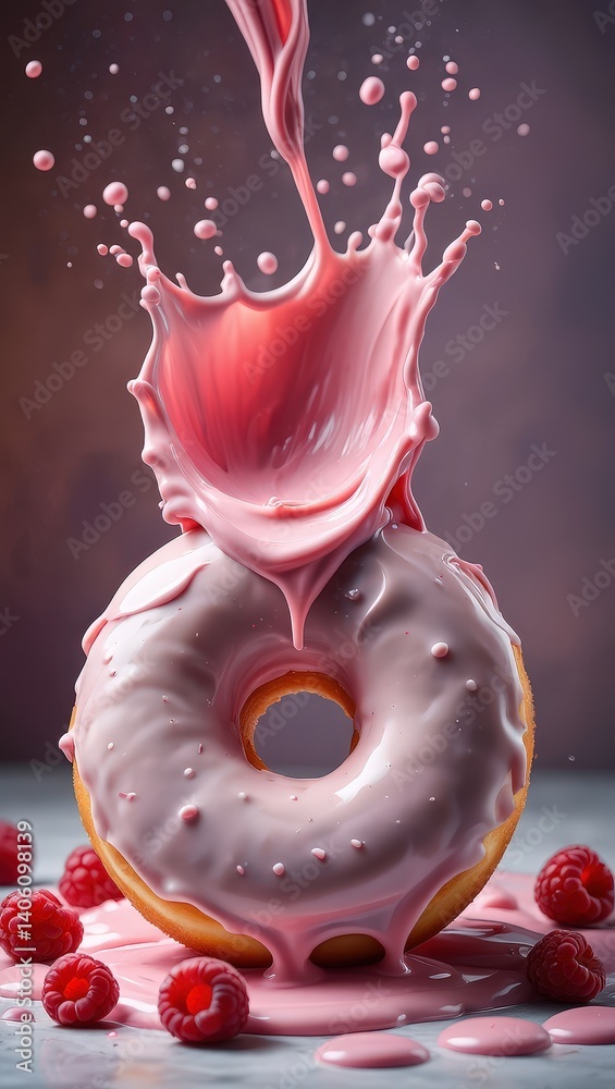 Aufkleber A glazed donut with raspberries on top is being squirted with pink frosting from a bottle, creating a splash effect.