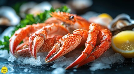 Freshly Prepared Seafood Display with Crayfish Lemon and Ice for Culinary Delights