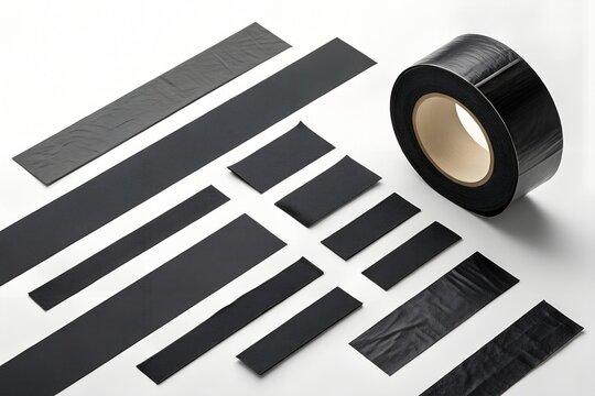 Black Tape Assortment: A comprehensive array of various black tape pieces, highlighting textures and forms, essential for crafting or repair.