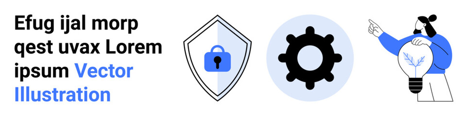 Fototapeta premium Shield with lock for cybersecurity, gear for technology and operation, person with light bulb for innovation, creativity. Ideal for security, innovation, technology, business, teamwork process