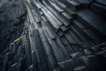 Basalt Columns: A close-up view of the basalt columns rising dramatically from the ground, forming a striking natural texture.  Sunlight shines on the weathered surface of the textured rock.
