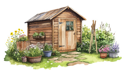 Serene Watercolor Garden Shed Illustration for Relaxing Natural Scenes