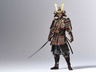 Full-body, 3D illustration of a samurai in traditional armor and wearing a golden mask