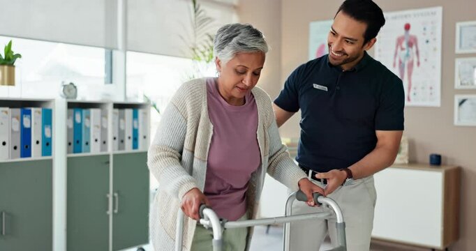 Mature, woman and caregiver with support of walking frame for mobility rehabilitation, balance and medical help. People, physiotherapy and patient with disability for muscle development of recovery