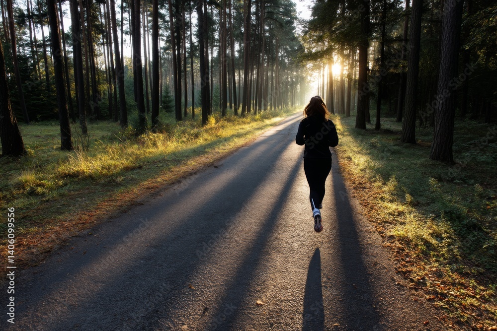 Poster A woman runs along a forest trail surrounded by tall trees as morning light casts long shadows on the ground, creating a tranquil atmosphere Generative AI