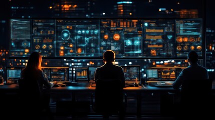 Team of professionals working in a hightech control room with advanced digital displays