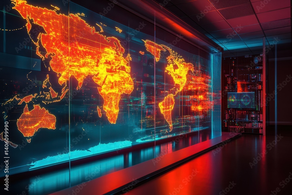 Poster illuminated global map displaying data trends in a modern tech environment