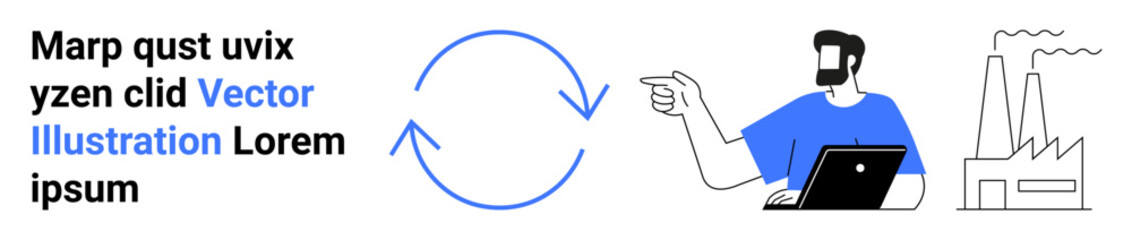 Man pointing while working on laptop alongside circular process symbol and factory outline. Ideal for sustainability, industry, teamwork, strategy, energy, business process, flat landing page banner