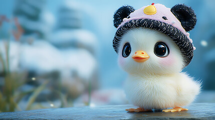 Obraz premium Cute baby chick wearing a pink winter hat close up adorable plush bird 