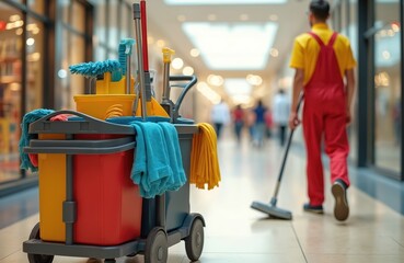 Cleaning service worker in red overalls cleans shopping center. Trolley with wet cleaning kit. Commercial hygiene, maintenance of shopping mall space. Commercial cleaning company. Modern cleaning