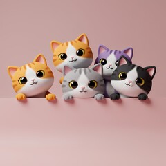 Fototapeta premium a cute 3D cartoon scene with five different-colored cats peeking over a ledge against a pink background. 
