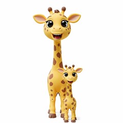 3D Two cartoon Giraffes standing side by side against a white background.