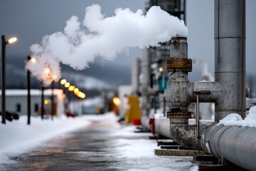 Obraz premium Cold winter conditions envelop a gas processing facility in the Arctic, where steam rises from pipes and equipment lines the snow-covered path Generative AI