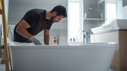 Plumber installing a new bathtub in a bathroom. Featuring precision and expertise