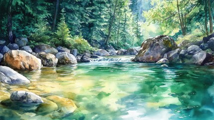 Naklejka premium A painting of a river with a waterfall