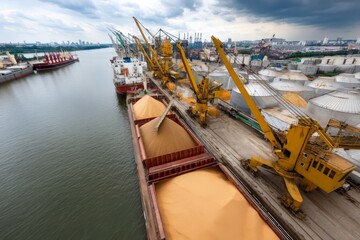 Cranes actively loading cargo onto vessels at a busy port terminal, surrounded by silos and distant city skyline under overcast conditions Generative AI