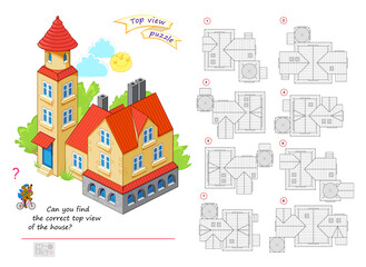 Puzzle for smartest. Can you find the correct top view of the house? Logic game for children and adults. 3D maze. Brain teaser book. Developing spatial thinking. Flat vector illustration.