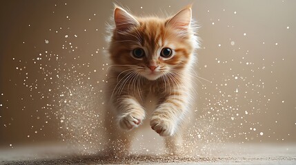 Cute Ginger Kitten Jumping With Glitter On Beige Background Studio Photo