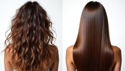Fototapeta premium Illustration contrasts unhealthy, damaged hair versus clean, healthy hair. Dry ends, overbrushing are problems. Beautiful, straight, shiny hair on woman back. Concept beauty care.