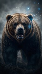 Majestic grizzly bear portrait against stormy background with dramatic lighting capturing untamed power