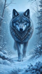 Fototapeta premium Majestic wolf with ice blue eyes in surreal winter landscape surrounded by frosted trees and swirling snow Cool monochromatic tones