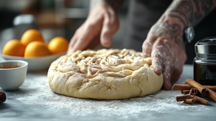 Hands shaping a traditional braided bread with spices and oranges in the background perfect fo