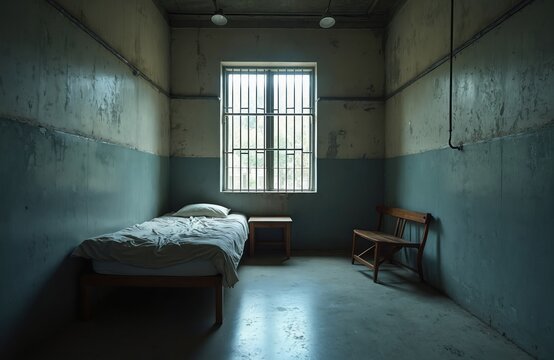 Empty prison cell with bed table chair. Bars on window. Concrete floor, wall. Imprisonment injustice, human rights, freedom restrictions. Crime punishment themes. Interior, architecture, old