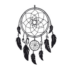 Dream catcher illustration, black and white design, feathers and web for spiritual protection