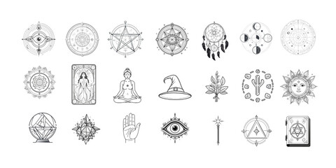 Esoteric icons collection, black and white, abstract mystical symbols for spiritual art
