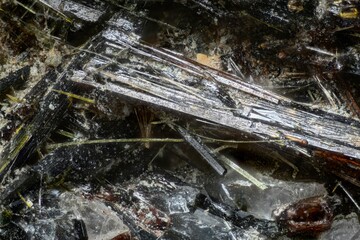 Minerals Aegirine, Analcime, Catapleiite. Mining site- Aikuaivenchor Mountain, Khibiny, Russia. High magnification microphotograph