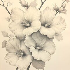 Delicate Hibiscus Flowers In Monochromatic Photo Gentle Floral Composition Detailed Botanical Art
