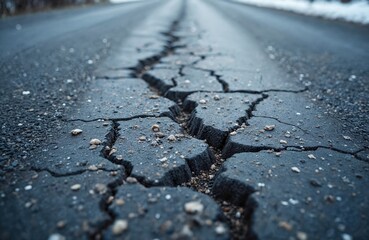 Obraz premium Cracked asphalt road after winter frost, snow covered surface. Grey bitumen texture with deep fractures. Ruptured pavement detail. Damage, breaking, cold weather, transport, infrastructure, broken