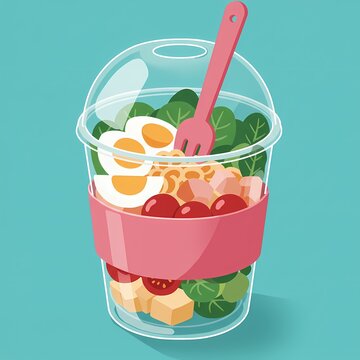  plastic cup filled with various colorful food items, including eggs, tomatoes, and leafy greens