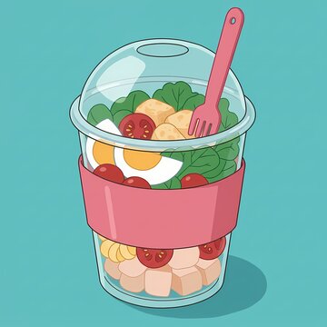  plastic cup filled with various colorful food items, including eggs, tomatoes, and leafy greens